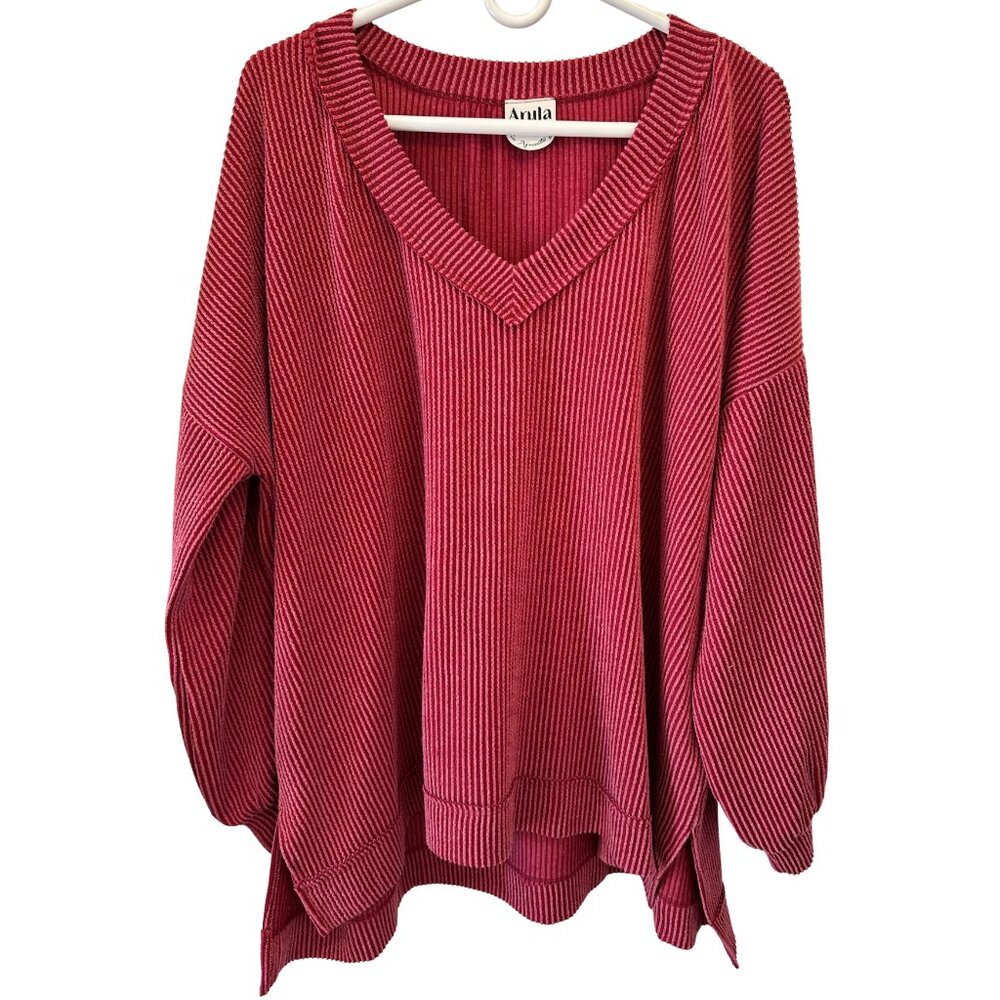 NWT Arula V-Neck Lightweight Knit Sweater Size 1x Burgundy Oversized Relaxed Fit